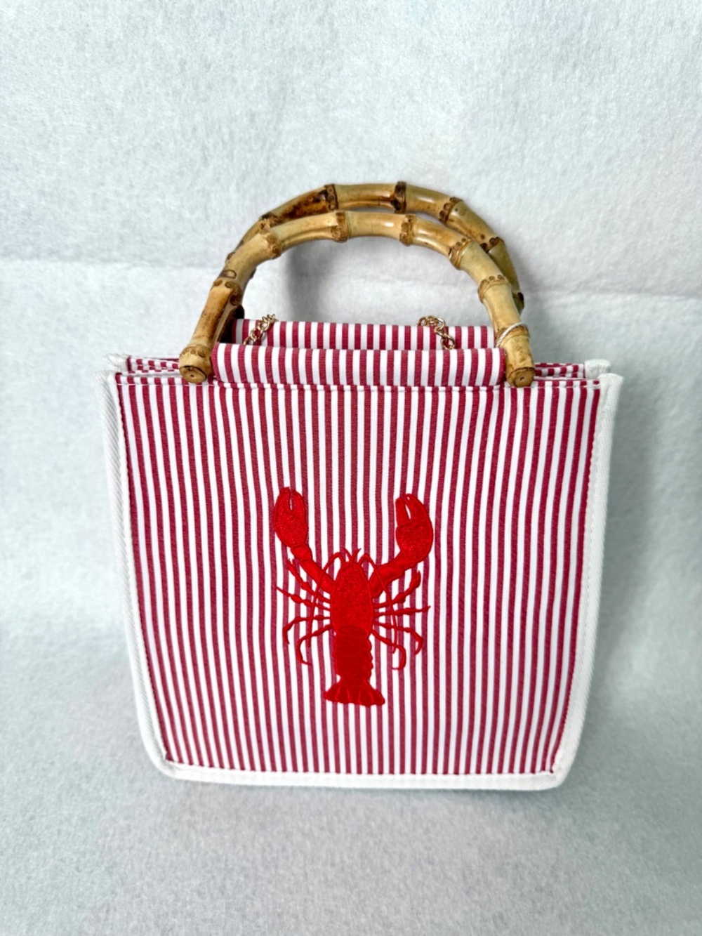 NWT Tommy Bahama Embroidered Lobster Striped Handbag w/ Bamboo Handles